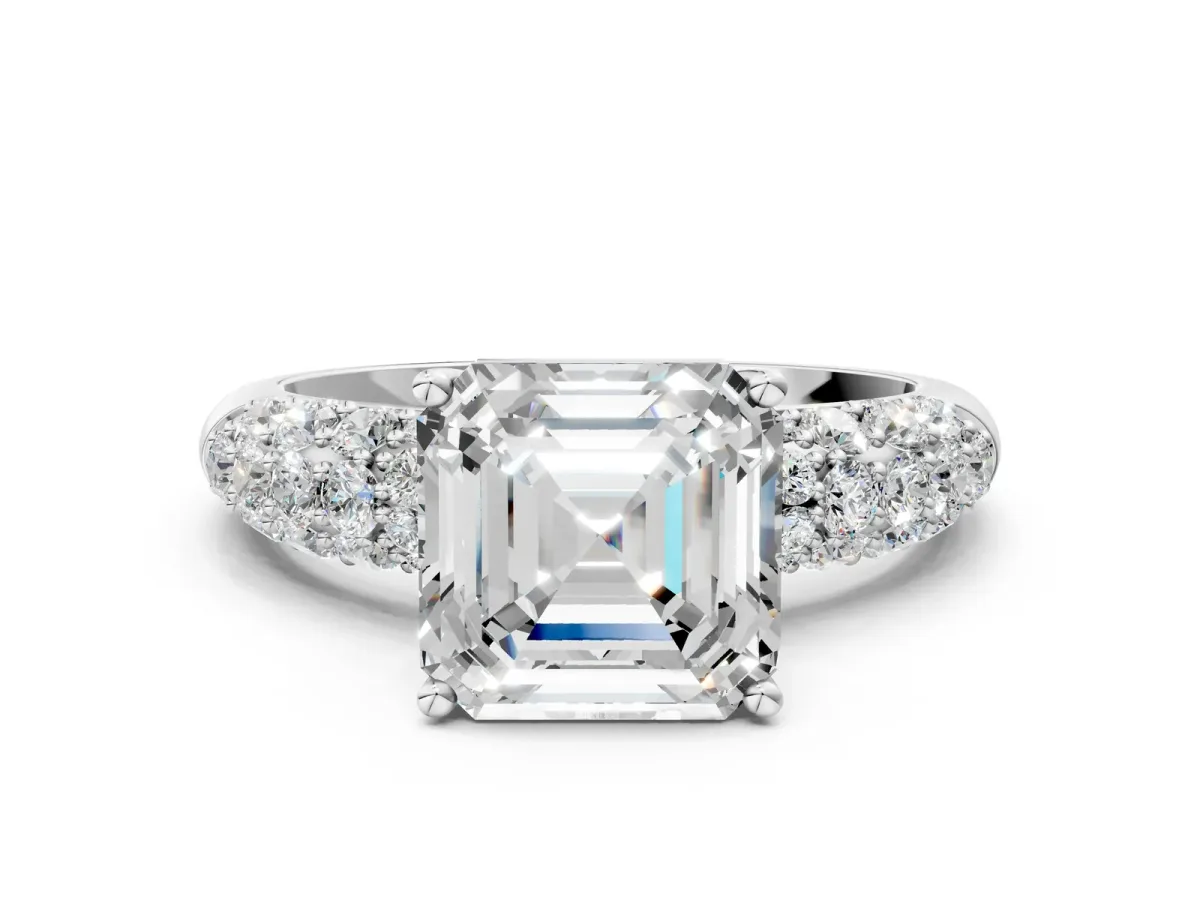 Asscher Cut Diamond Pavé Band Solitaire Ring with Four-Prong Setting Platinum
