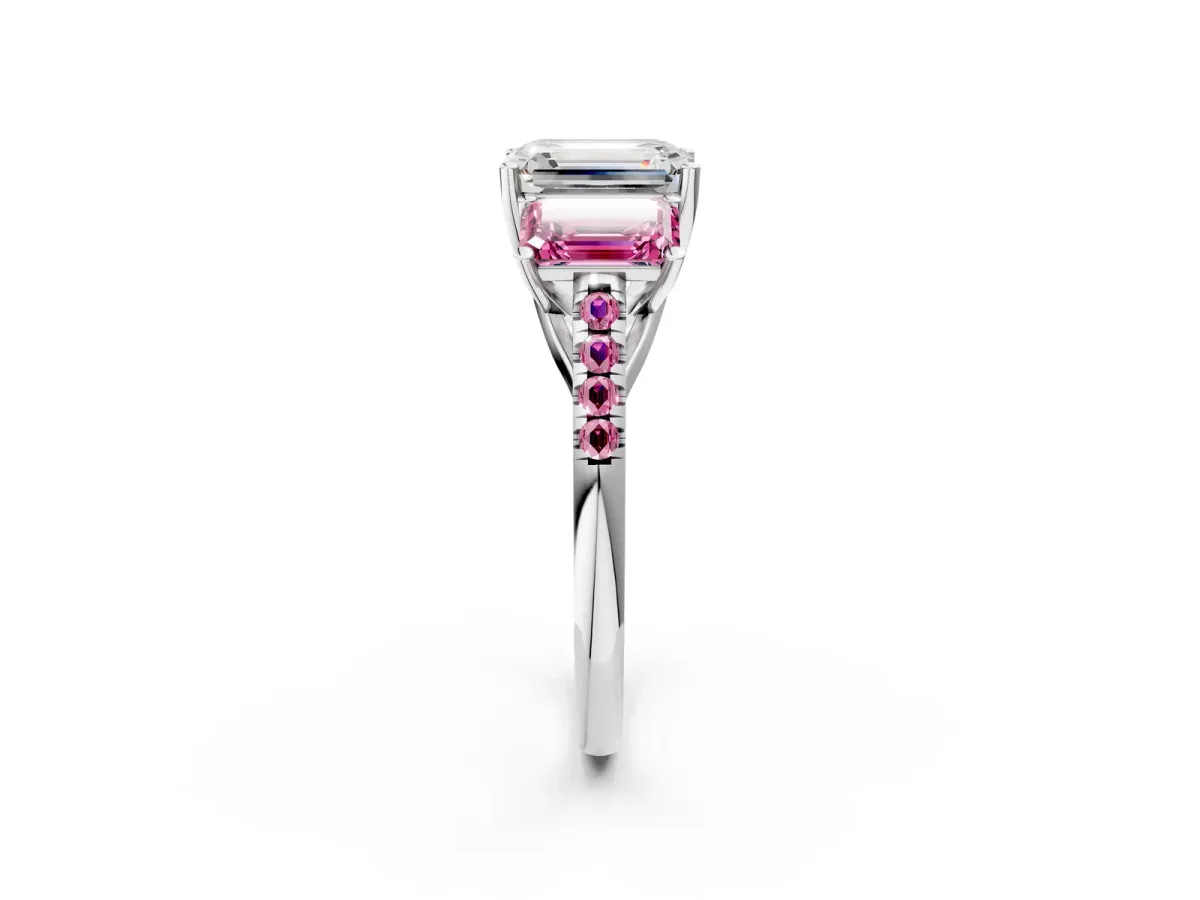 Three-Stone Emerald Cut Diamond Ring with Round Pink Sapphire Pavé Band and Prong Setting Silver