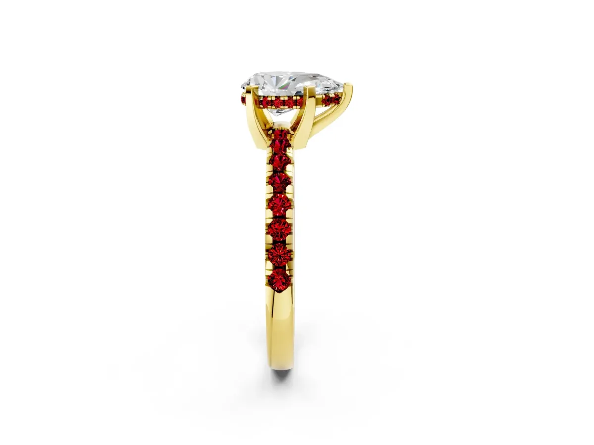 Pear Cut Diamond Solitaire Ring with Round Ruby Pavé Band and Four-Prong Setting Yellow gold