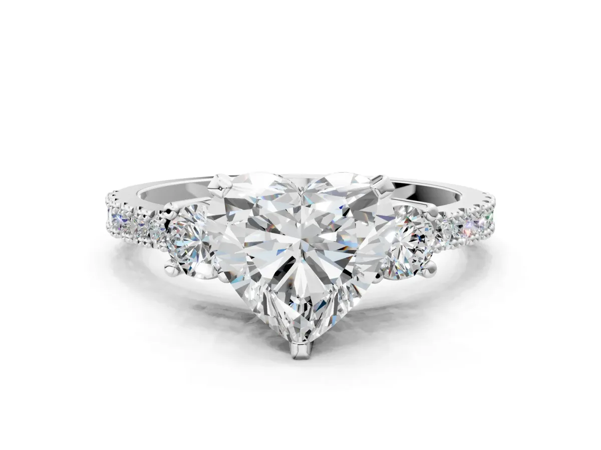 Heart Cut Cut Three-Stone Diamond Pavé Band with Prong Setting Platinum