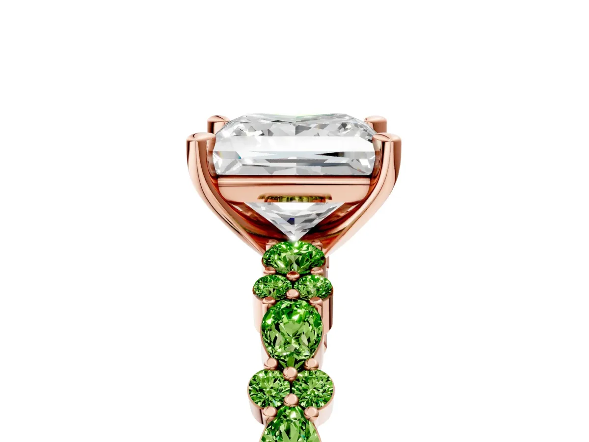 Princess Cut Diamond Side Stone Solitaire Ring with Round Peridot and Four-Prong Setting Rose gold