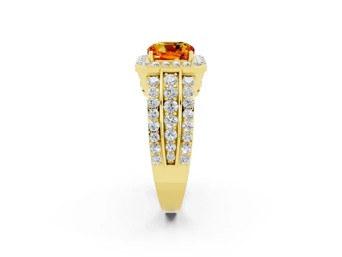 Cushion Cut Halo Citrine Ring with Round Split Shank and Prong Setting Yellow gold