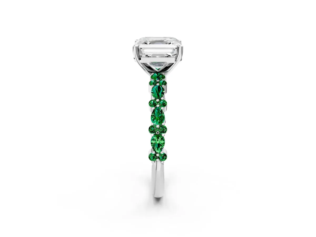 Asscher Cut Diamond Side Stone Solitaire Ring with Round Emerald and Four-Prong Setting Platinum