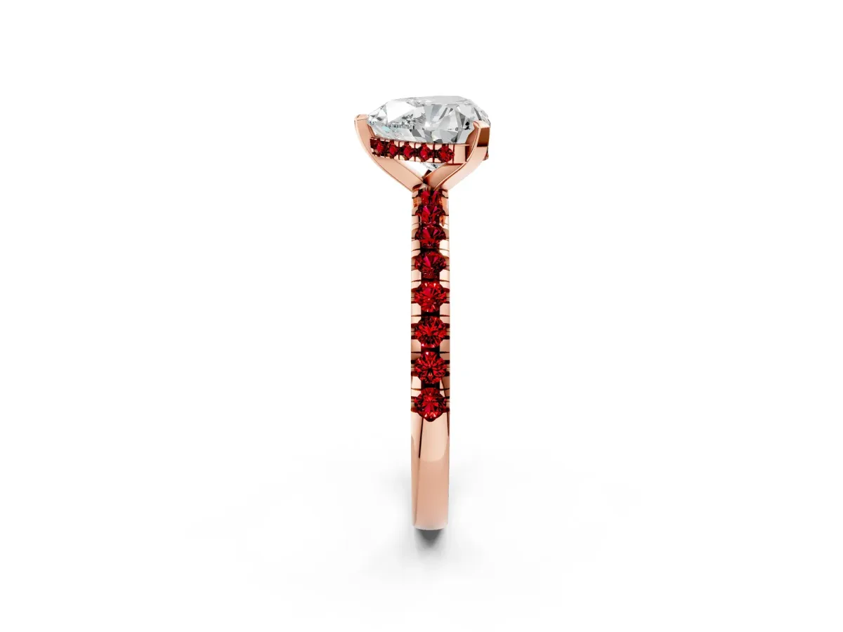 Heart Cut Diamond Solitaire Ring with Round Ruby Pavé Band and Four-Prong Setting Rose gold