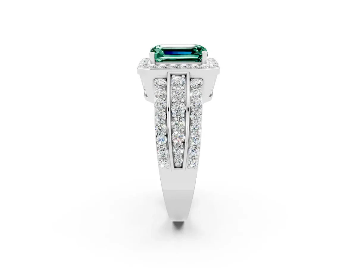 Emerald Cut Halo Green Sapphire Ring with Round Split Shank and Prong Setting White gold