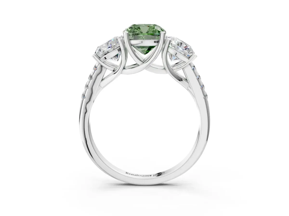 Fancy Green Three-Stone Cushion Cut Diamond Ring with Round Pavé Band and Prong Setting Silver