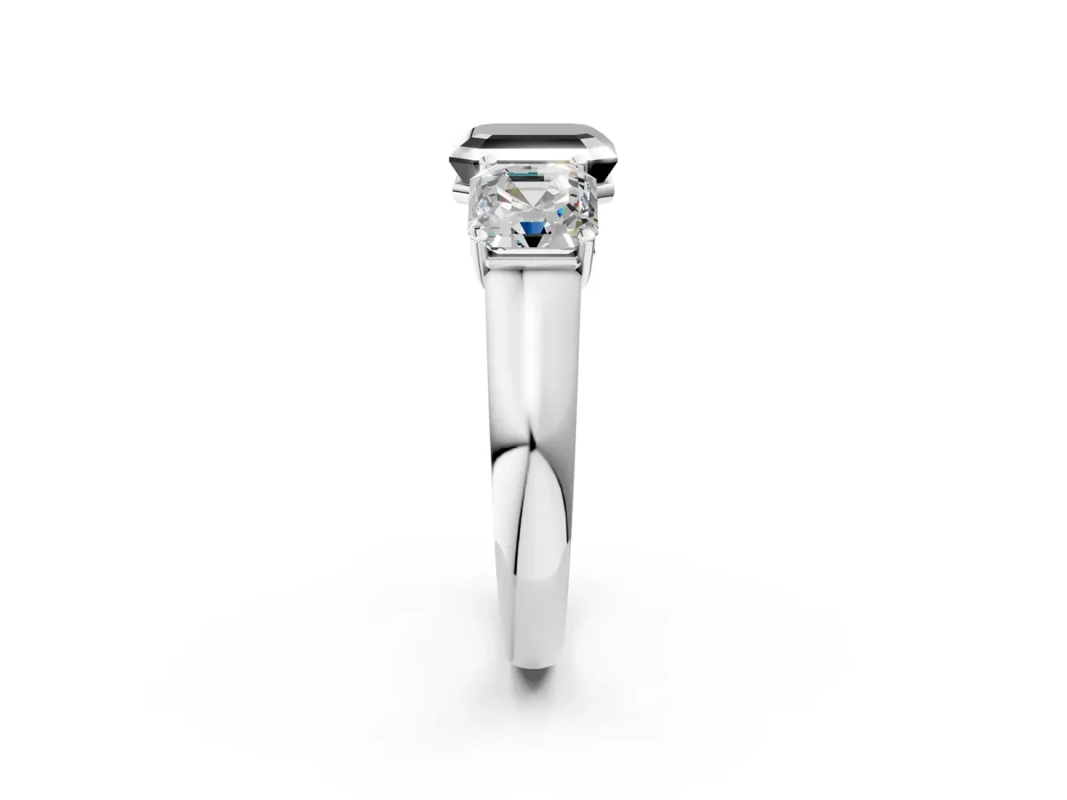 Fancy Black Asscher Cut Three-Stone Diamond Ring with Prong Setting on a Classic Band Platinum