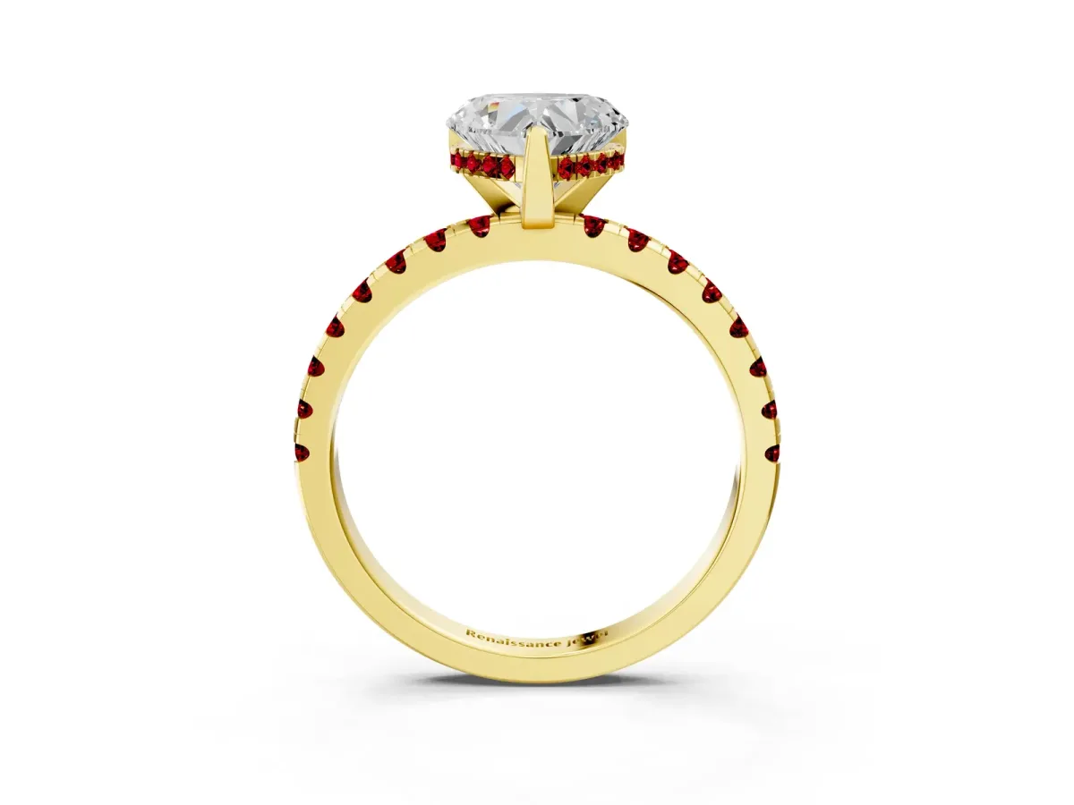 Heart Cut Diamond Solitaire Ring with Round Ruby Pavé Band and Four-Prong Setting Yellow gold