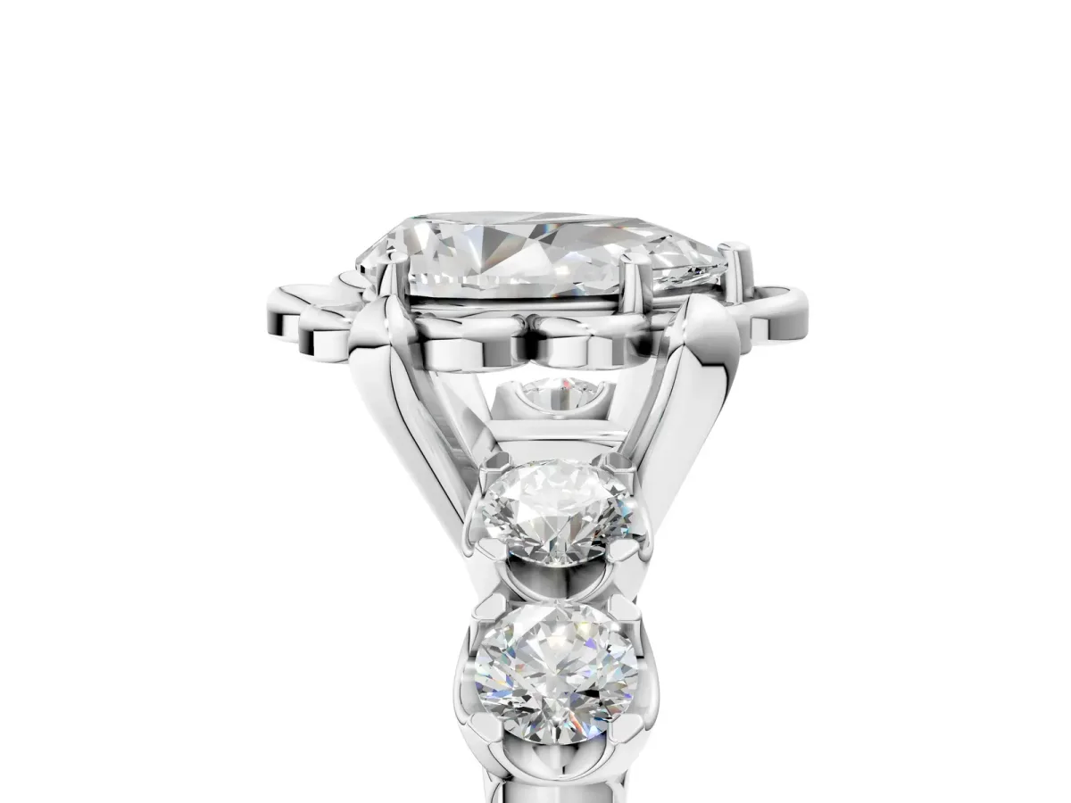 Pear Cut Cut Diamond Floral Halo Engagement Ring with Shared Prong Setting Silver