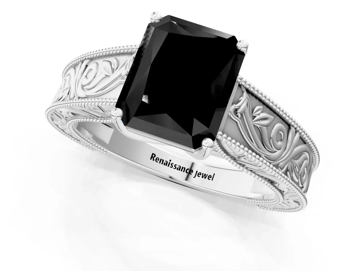 Fancy Black Radiant Cut Diamond Solitaire Ring with Engraved Band and Four-Prong Setting Platinum