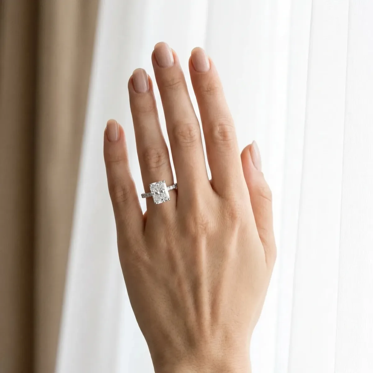 Radiant Cut Diamond Pave Band Solitaire Ring with Round and Prong Setting Platinum