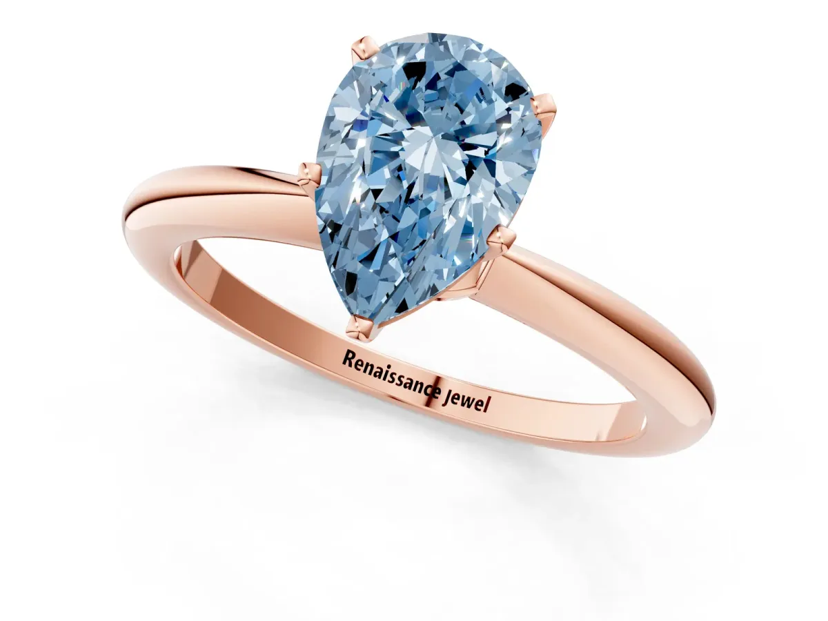 Fancy Blue Pear Cut Diamond Solitaire Ring with Six-Prong Setting and Classic Band Rose gold