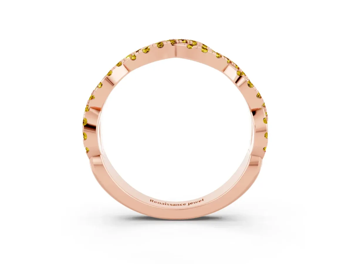 Round Yellow Sapphire Twisted Eternity Band with Pavé and Shared Prong Setting Rose gold