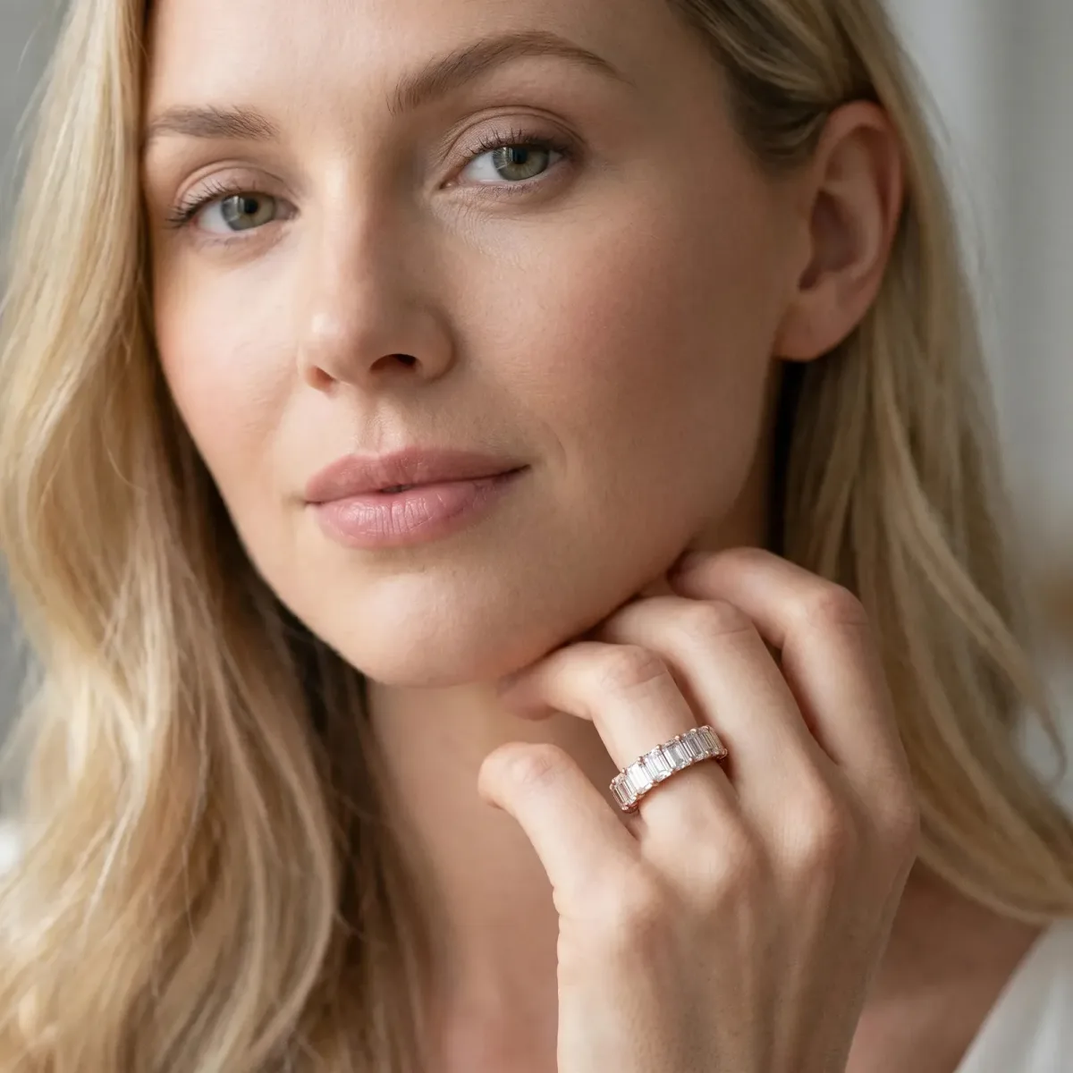 Emerald Cut Diamond Eternity Band with Shared Prong Setting Rose gold