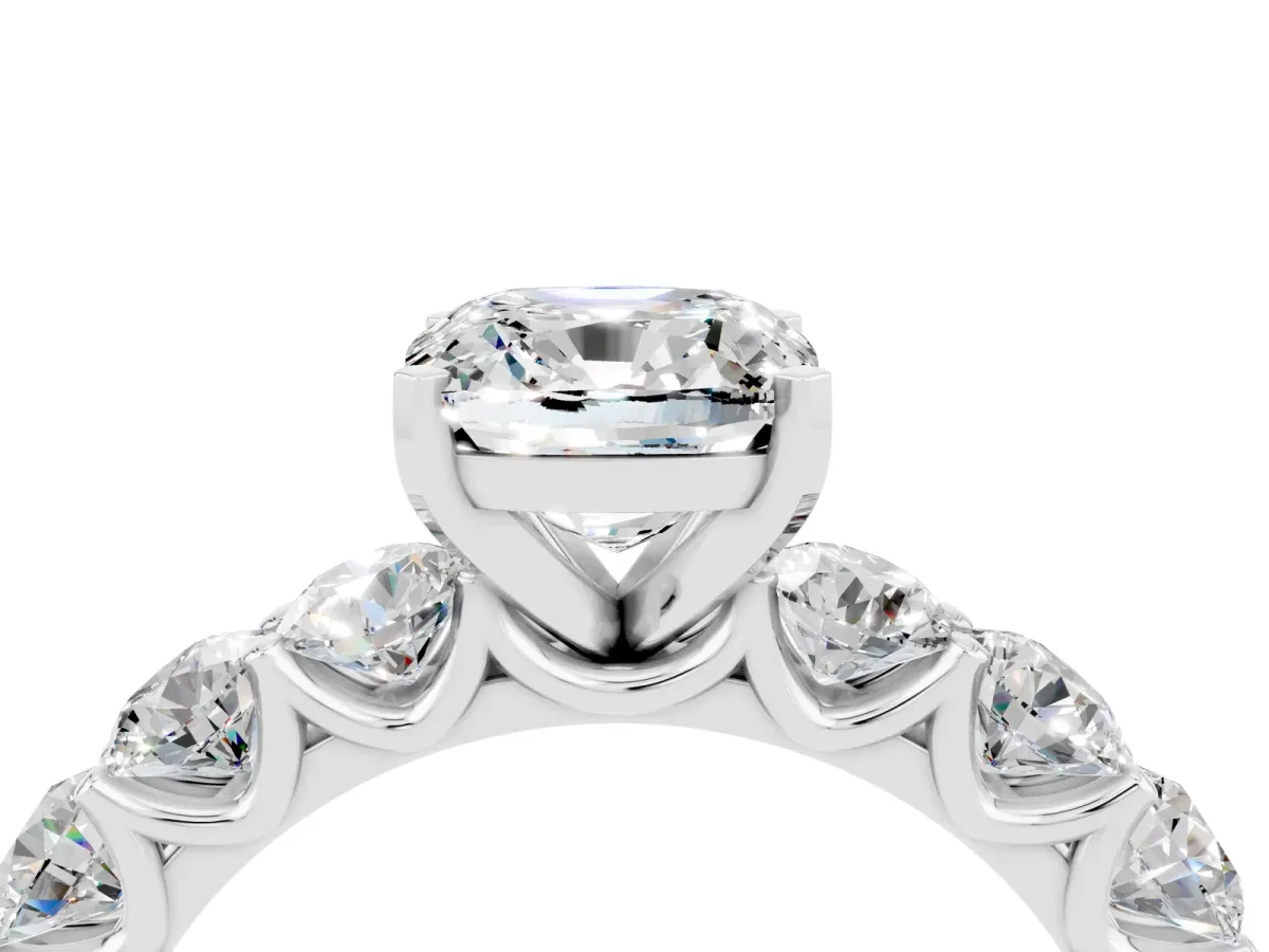 Cushion Cut Moissanite Prong Setting with Side Stones on a Pave Band Silver