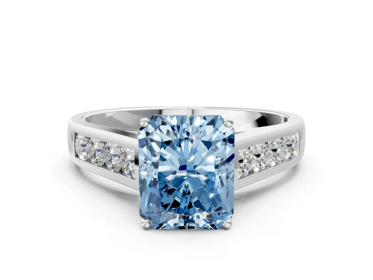 Fancy Blue Radiant Cut Solitaire Channel-Set Diamond Engagement Ring with Four-Prong Setting Platinum