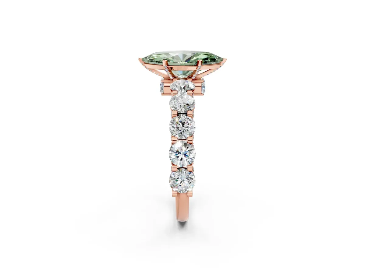Fancy Green Marquise Cut Diamond Side Stone Engagement Ring with Four-Prong Setting Rose gold