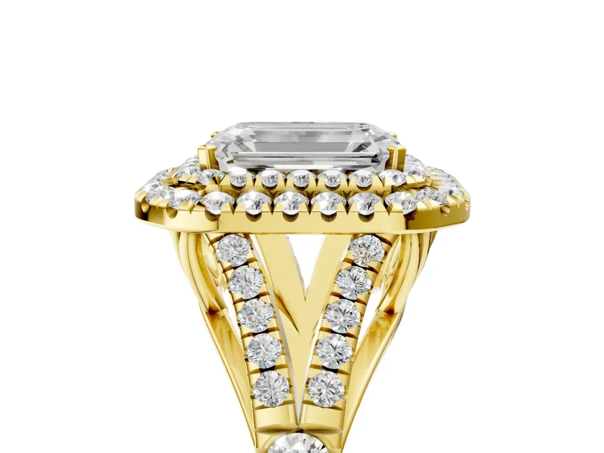 Double Halo Emerald Cut Diamond Split Shank Engagement Ring with Four-Prong Setting Yellow gold