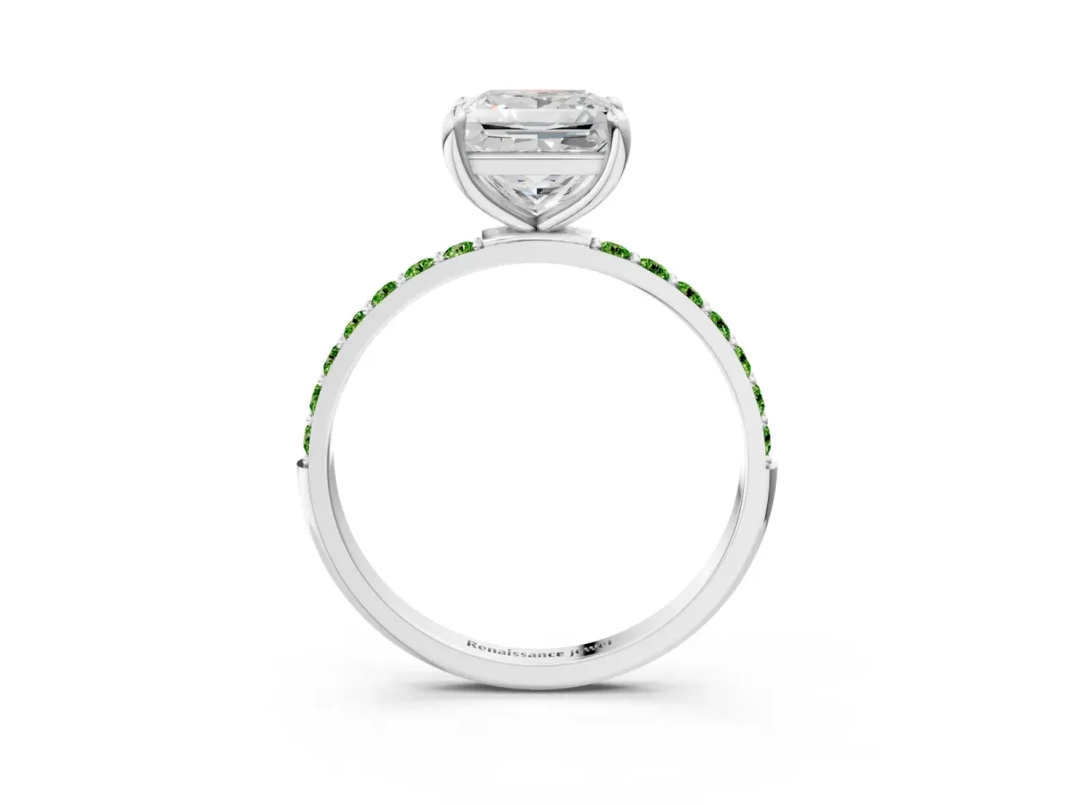 Princess Cut Diamond Solitaire Ring with Round Peridot Pavé Band and Prong Setting Silver