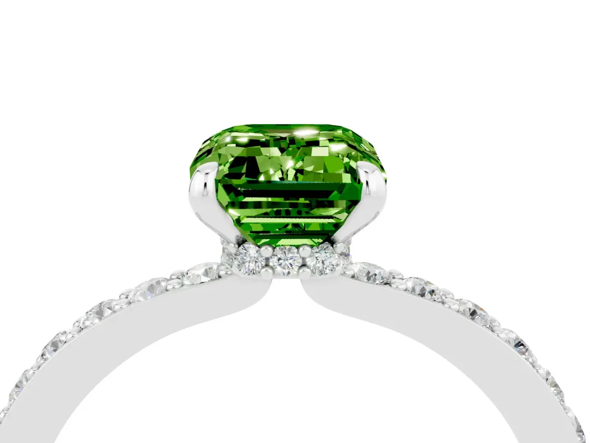 Emerald Cut Peridot Solitaire Engagement Ring with Pavé Band and Four-Prong Setting Silver