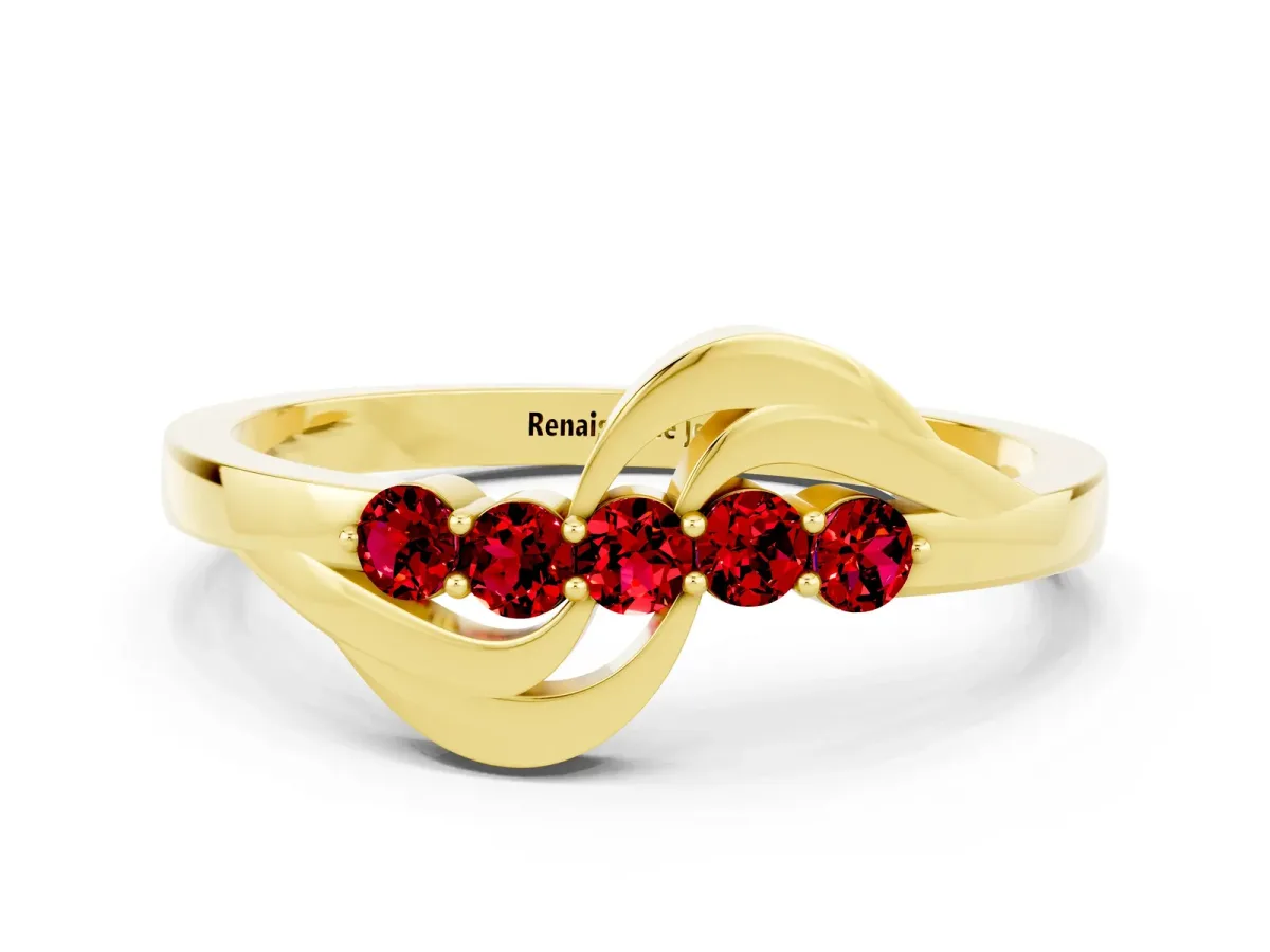 Five-Stone Round Ruby Crossover Band with Prong Setting Yellow gold