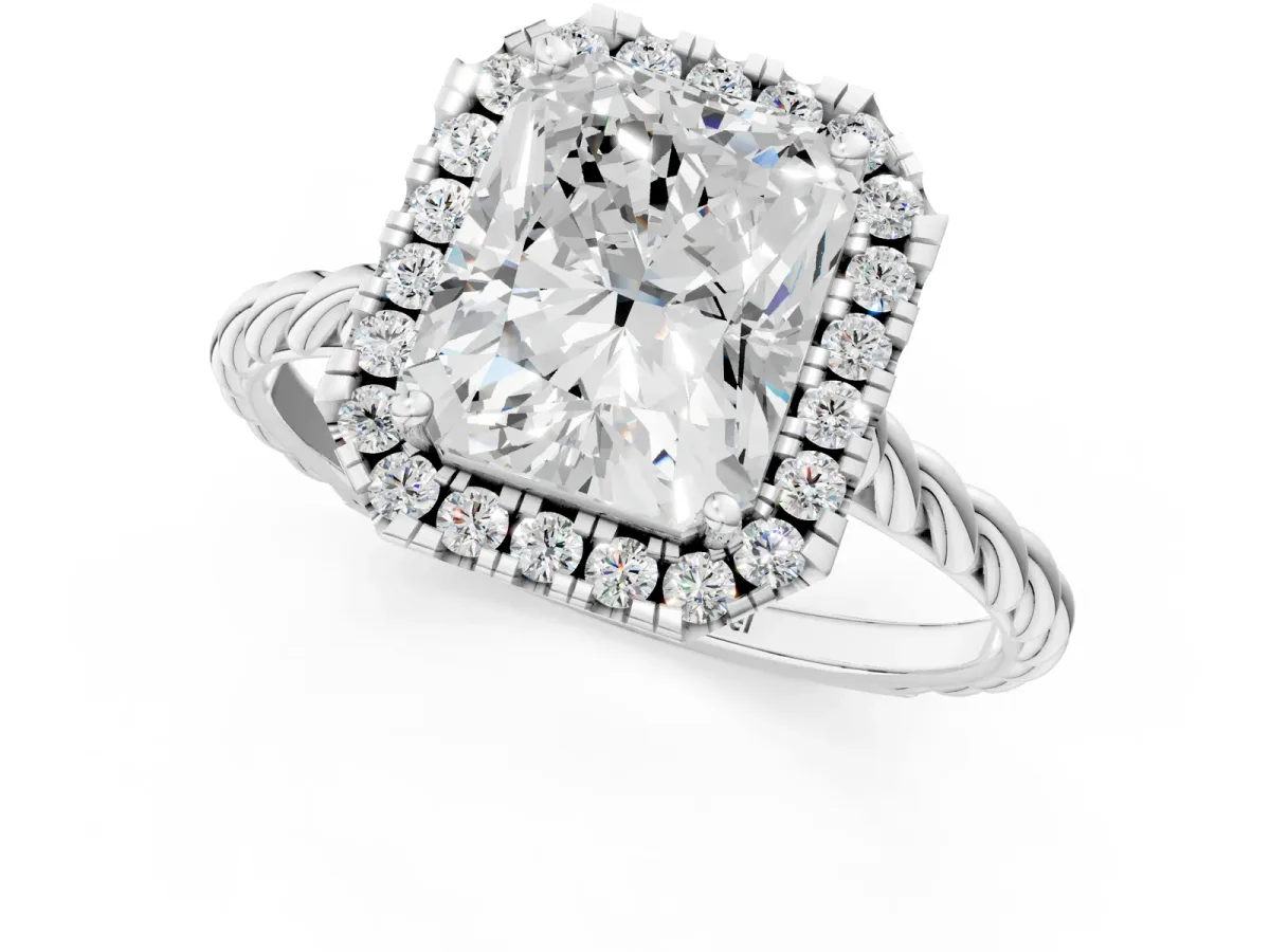 Radiant Cut Halo Twisted Band Four-Prong Diamond Ring Platinum