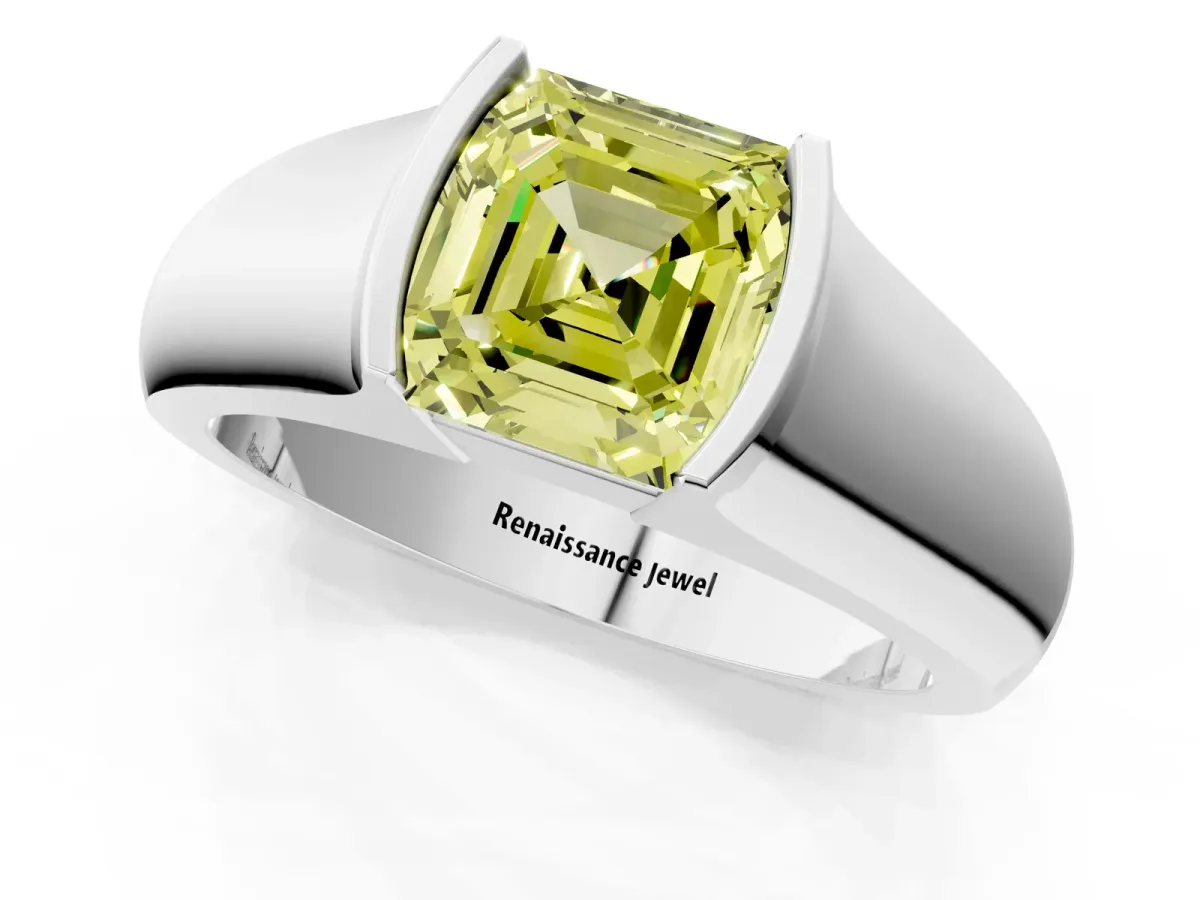 Fancy Yellow Asscher Cut Solitaire Bezel Set Diamond Ring with Wide Band Platinum