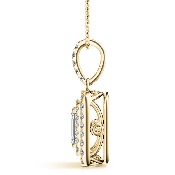 Emerald Cut Double Halo Diamond Pendant with Prong Setting Yellow gold