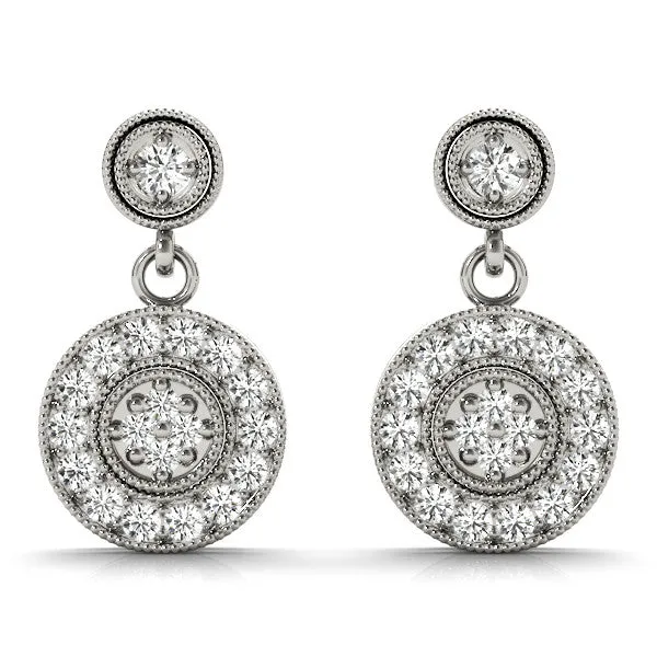 Round Halo Diamond Drop Earrings with Milgrain Bezel Setting Silver