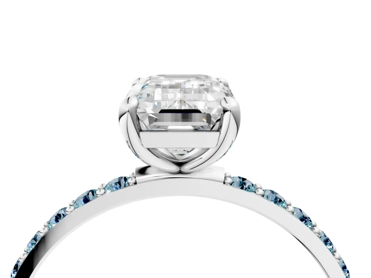 Emerald Cut Diamond Solitaire Ring with Round Aquamarine Pavé Band and Prong Setting Silver