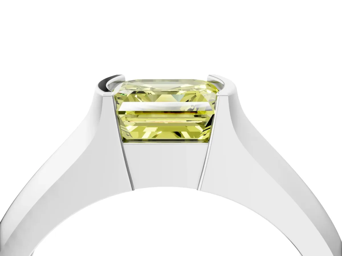Fancy Yellow Asscher Cut Solitaire Bezel Set Diamond Ring with Wide Band Platinum