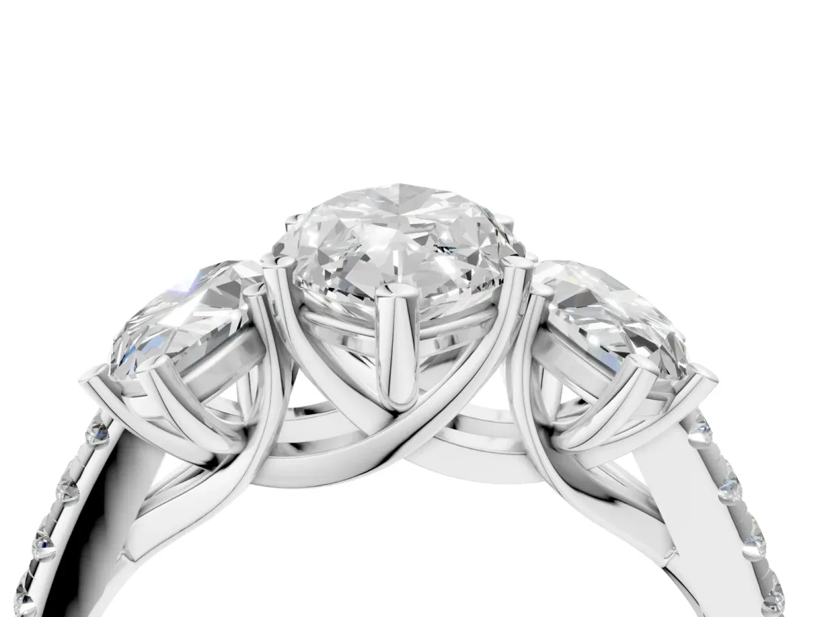 Three-Stone Marquise Cut Diamond Ring with Round Moissanite Pavé Band and Prong Setting Silver