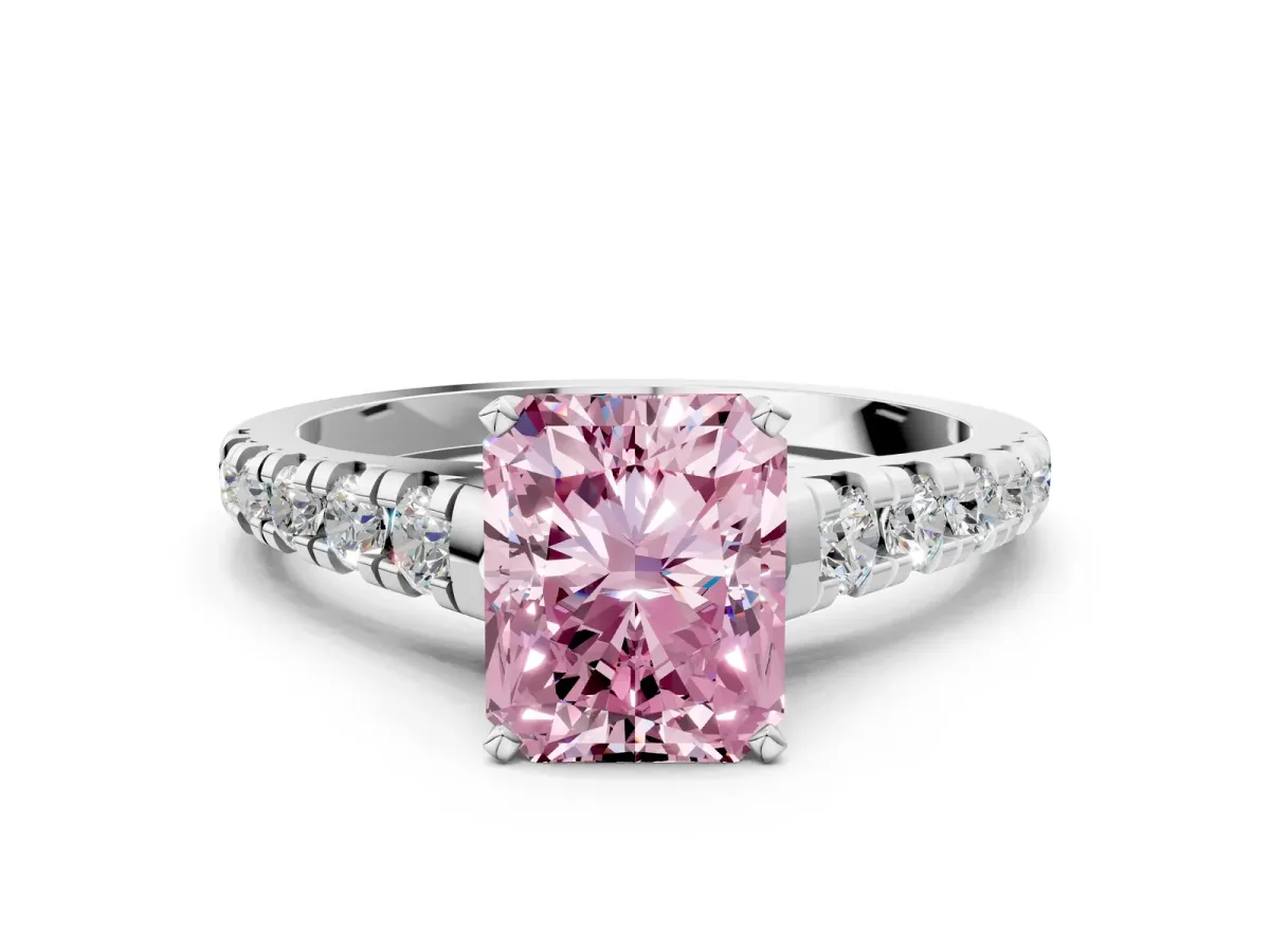 Fancy Pink Radiant Cut Diamond Cathedral Solitaire Ring with Round Pavé Band Silver