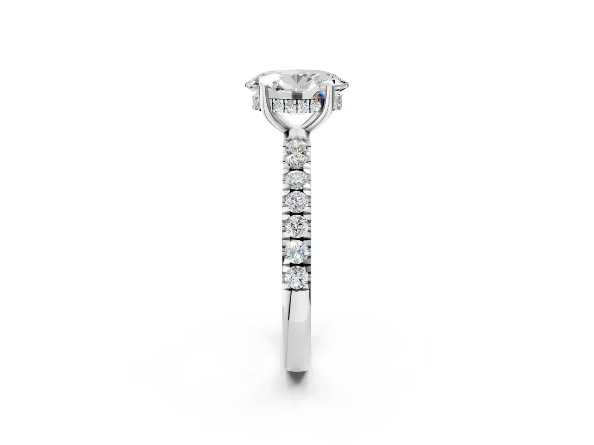 Oval Cut Diamond Pave Band Solitaire Ring with Round Moissanite and Prong Setting Silver