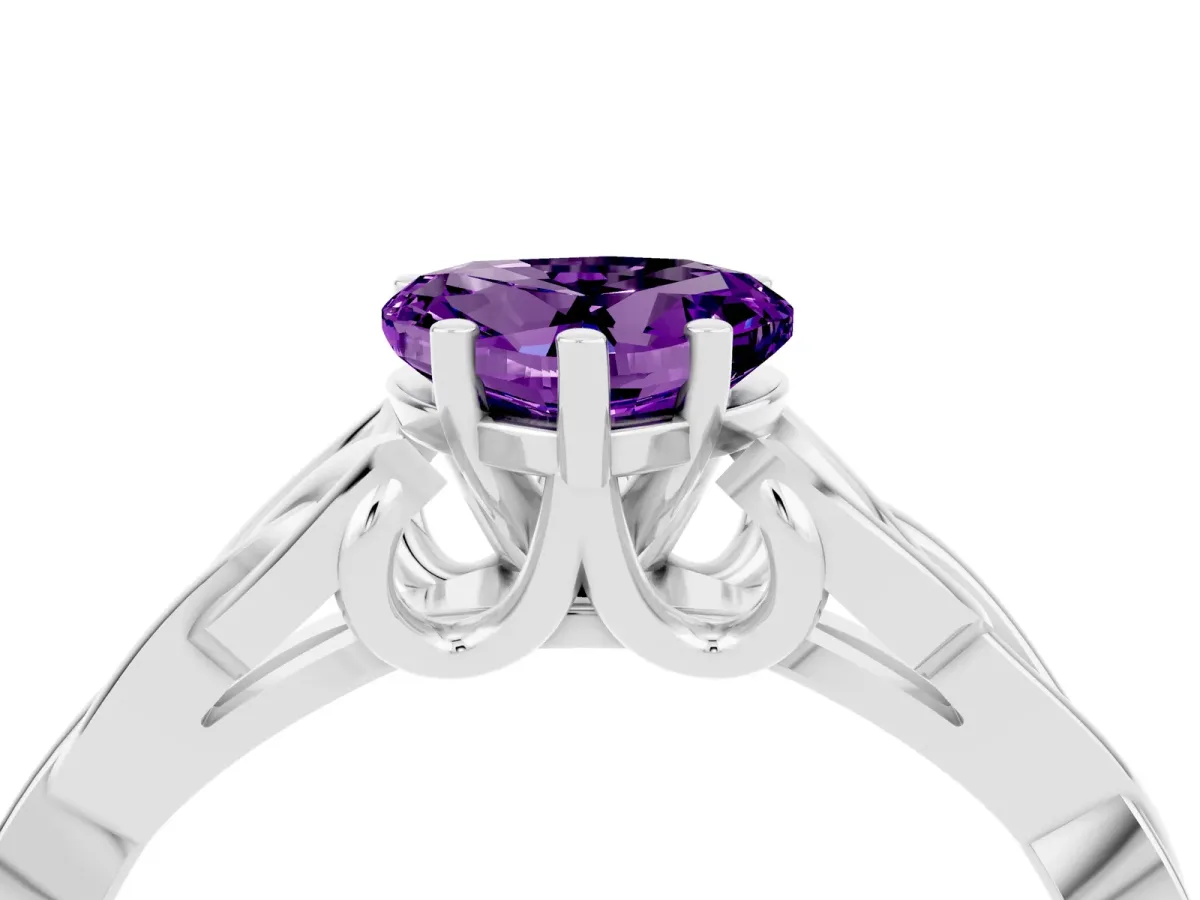 Heart Cut Amethyst Solitaire Engagement Ring with Celtic Knot Band and Four-Prong Setting Silver