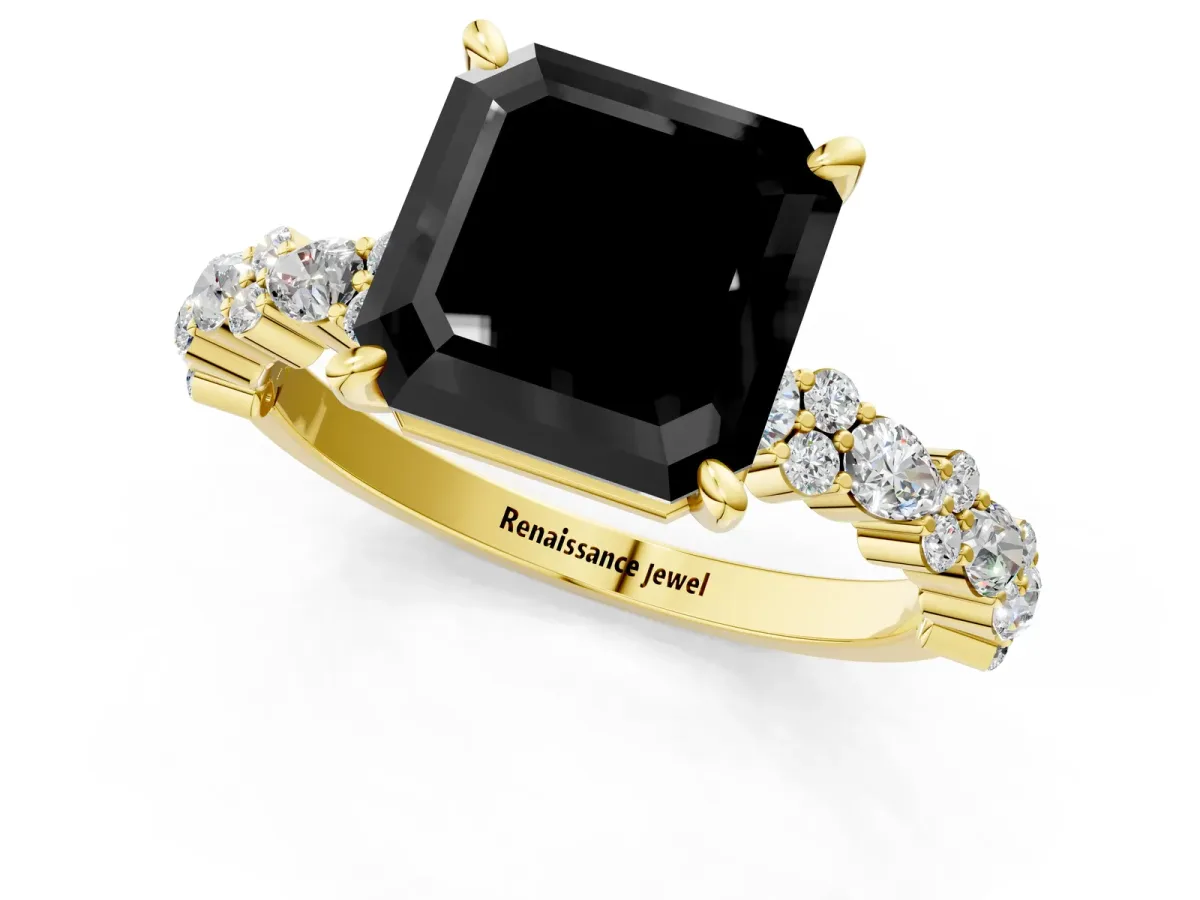 Fancy Black Asscher Cut Diamond Side Stone Solitaire Ring with Round and Four-Prong Setting Yellow gold