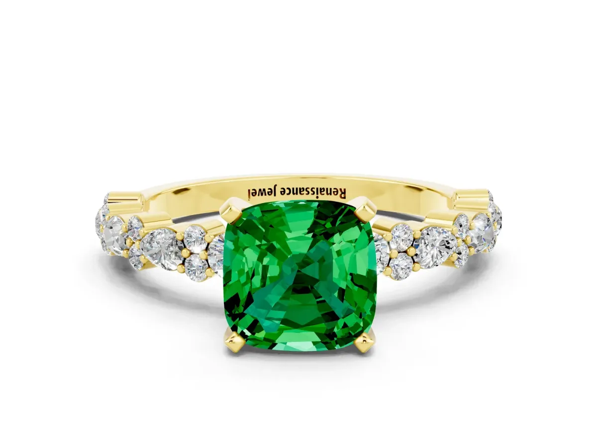 Cushion Cut Emerald Side Stone Solitaire Ring with Round and Four-Prong Setting Yellow gold