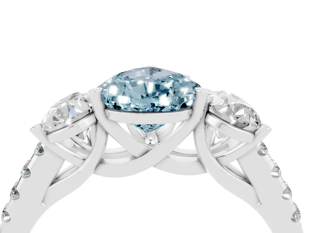 Three-Stone Pear Cut Aquamarine Ring with Round Pavé Band and Prong Setting Silver