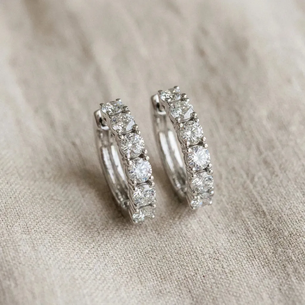 Round Diamond Channel Set Hoop Earrings with Four-Prong Setting Silver