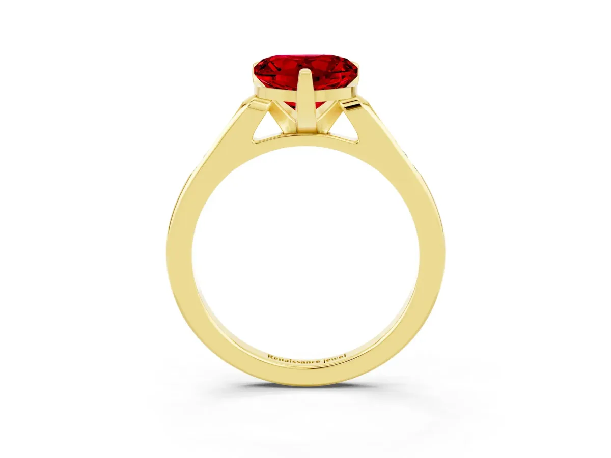 Heart Cut Ruby Solitaire Ring with Channel Set Round Band and Prong Setting Yellow gold