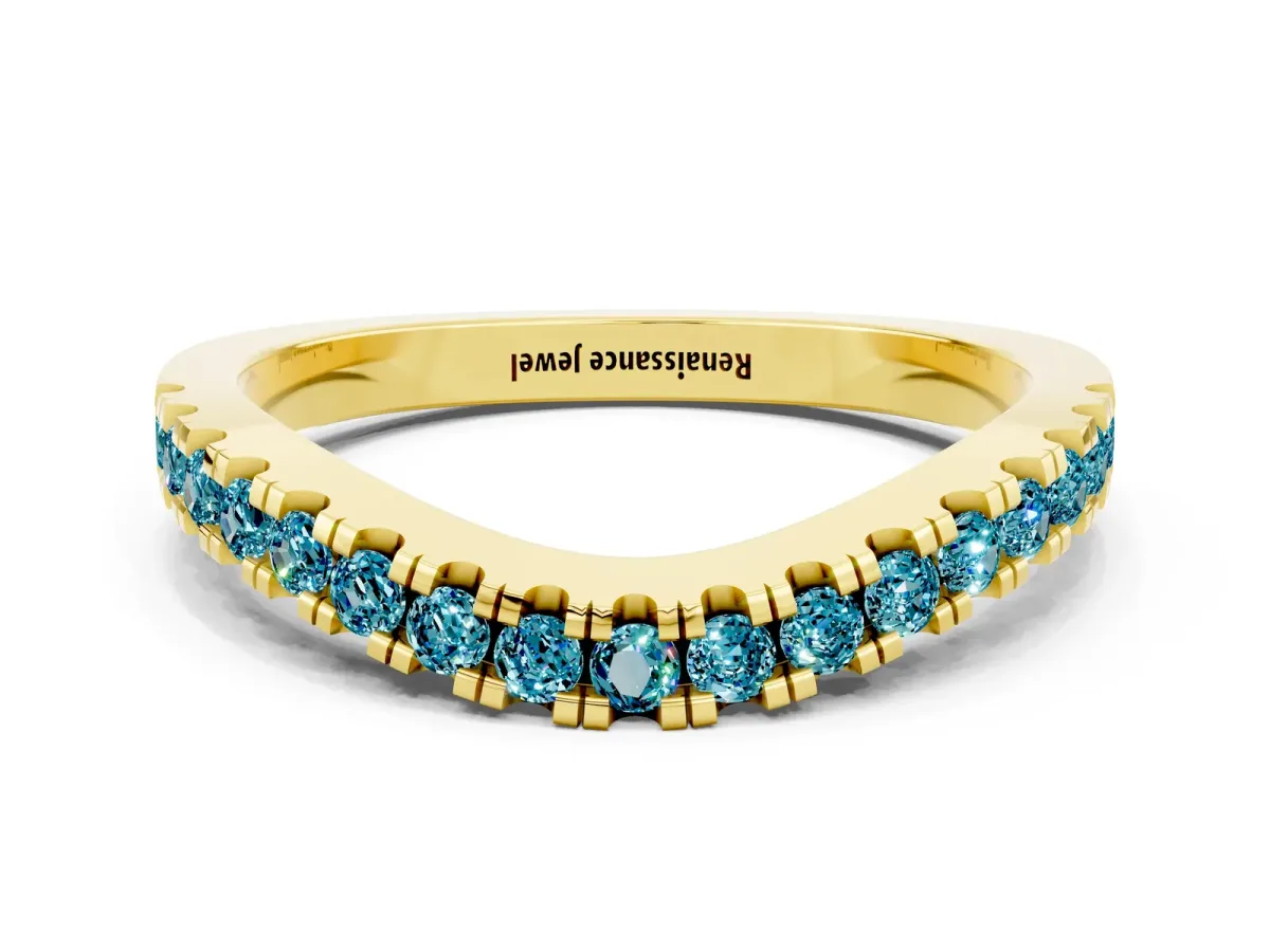 Round Blue Topaz Pavé Curved Band with Shared Prong Setting Yellow gold