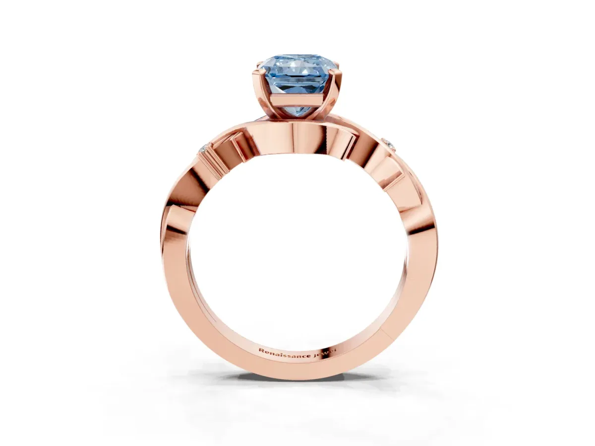 Fancy Blue Radiant Cut Diamond Solitaire Ring with Twisted Band and Prong Setting Rose gold