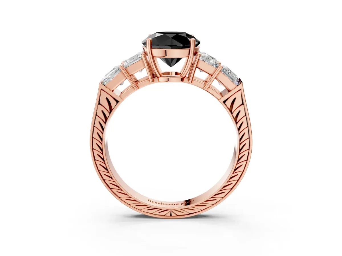 Fancy Black Round Cut Solitaire Princess Side Stone Engraved Band Prong Setting Ring Rose gold