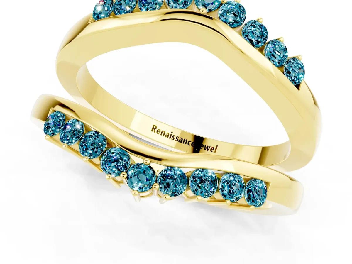 Round Blue Topaz Chevron Contour Band with Prong Setting Yellow gold