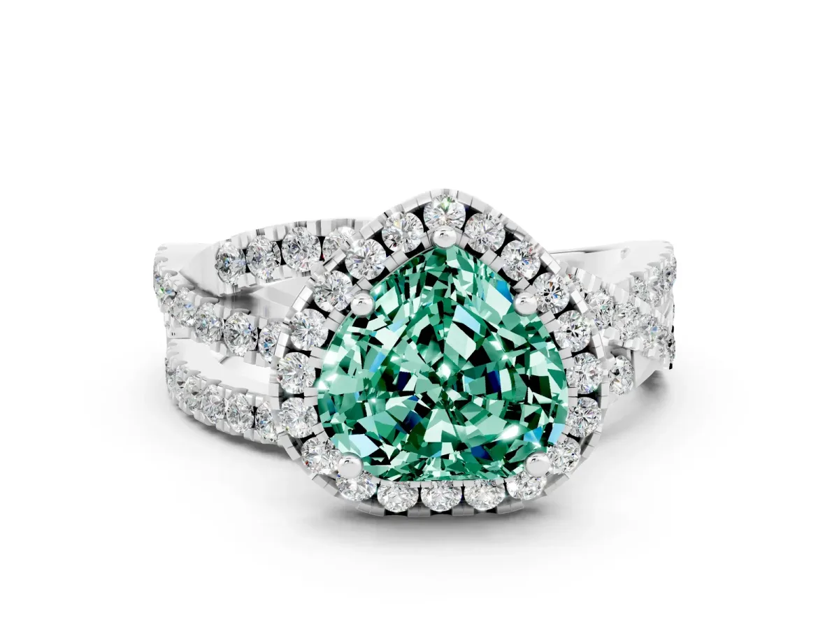 Heart Cut Green Sapphire Halo Ring with Round Split Shank and Prong Setting Platinum