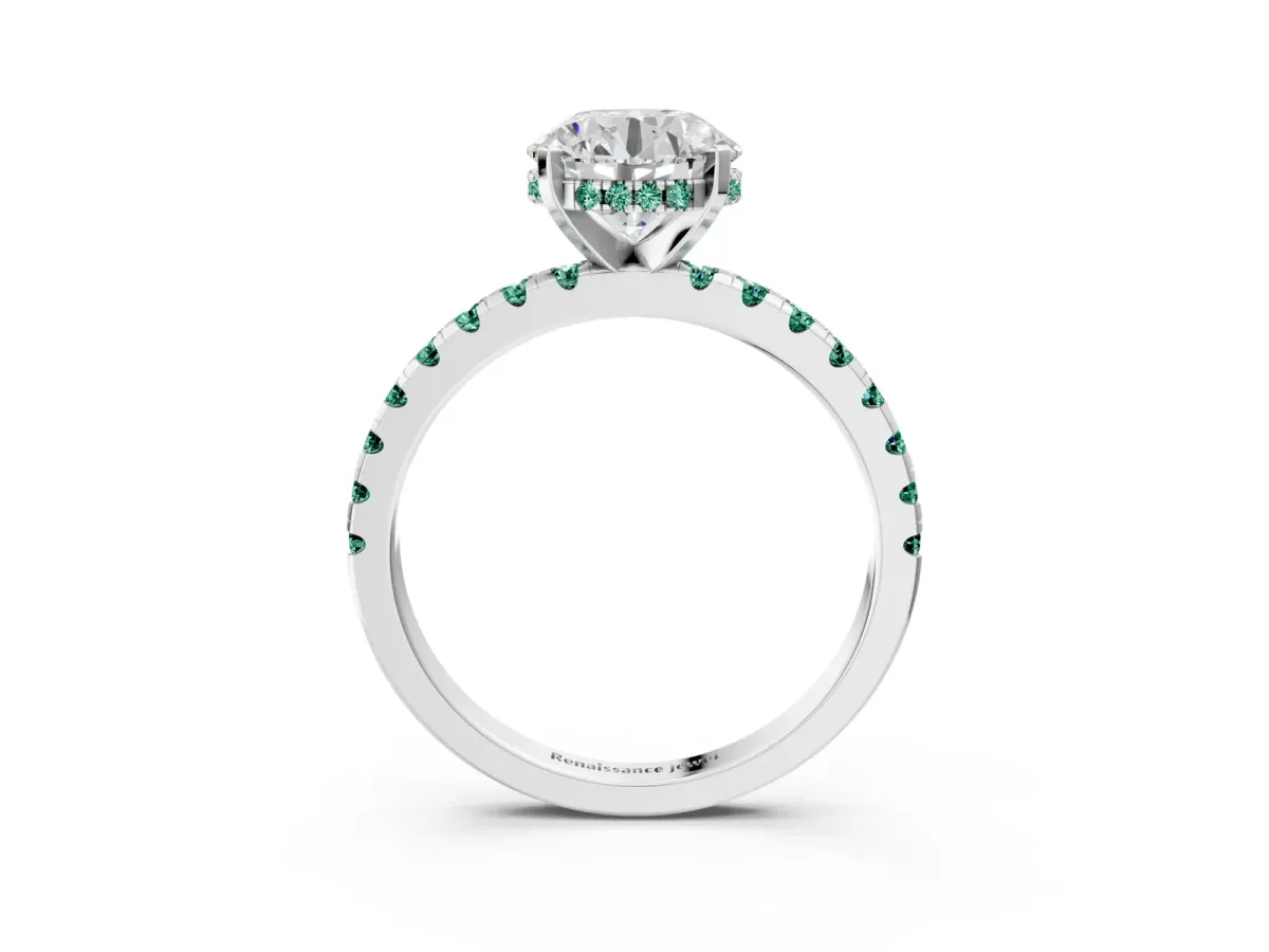 Round Cut Diamond Solitaire Ring with Round Tanzanite Pavé Band and Four-Prong Setting Silver