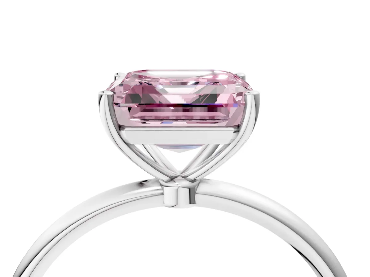 Fancy Pink Asscher Cut Cut Solitaire Engagement Ring with Thin Band and Four-Prong Setting Platinum