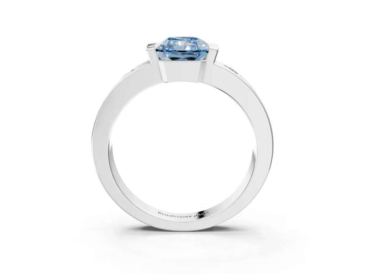 Fancy Blue Radiant Cut Brilliant Channel-Set Diamond Ring with Bezel Prong Setting Platinum