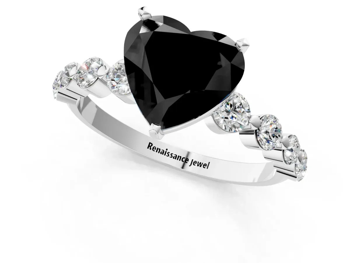 Fancy Black Heart Cut Solitaire Diamond Ring with Pave Band and Four-Prong Setting Platinum
