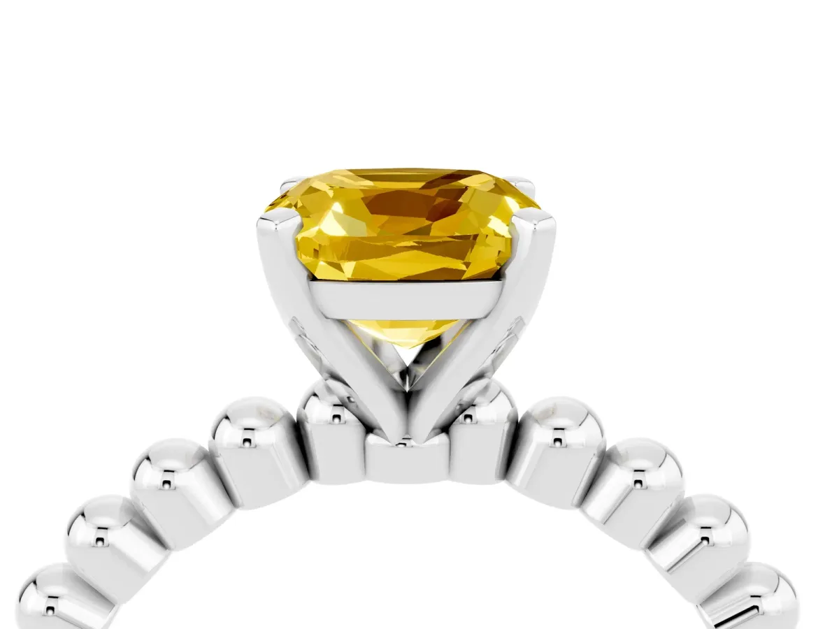 Cushion Cut Yellow Sapphire Solitaire Ring with Beaded Band and Prong Setting Silver